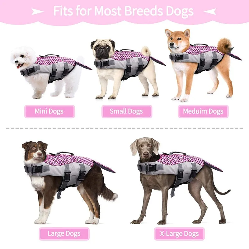 Mermaid Dog Life Jacket: Adjustable Floatation Pet Vest for Swimming, Boating, Pool, Beach, and Puppy Swimsuit with Handle - Ripstop Material
