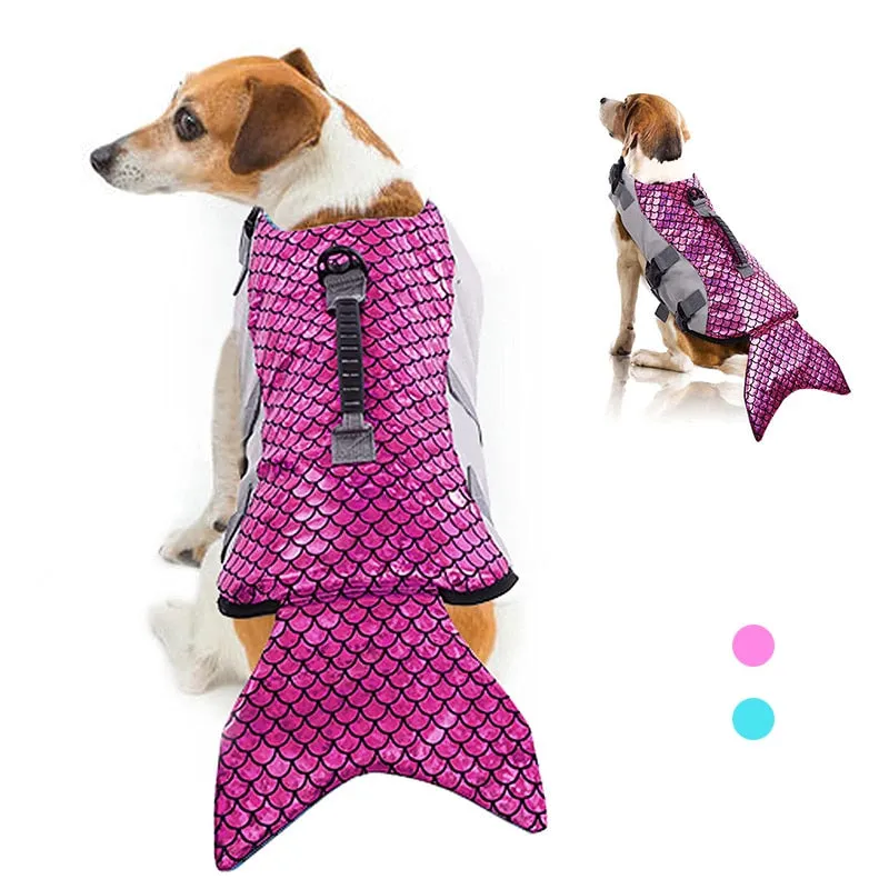 Mermaid Dog Life Jacket: Adjustable Floatation Pet Vest for Swimming, Boating, Pool, Beach, and Puppy Swimsuit with Handle - Ripstop Material