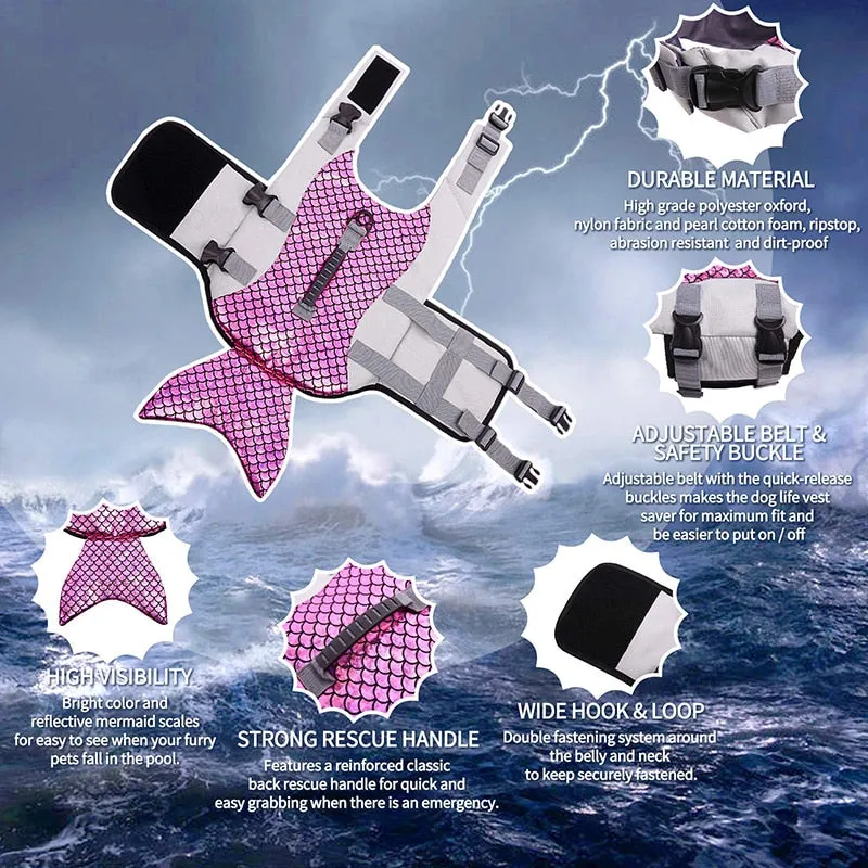 Mermaid Dog Life Jacket: Adjustable Floatation Pet Vest for Swimming, Boating, Pool, Beach, and Puppy Swimsuit with Handle - Ripstop Material