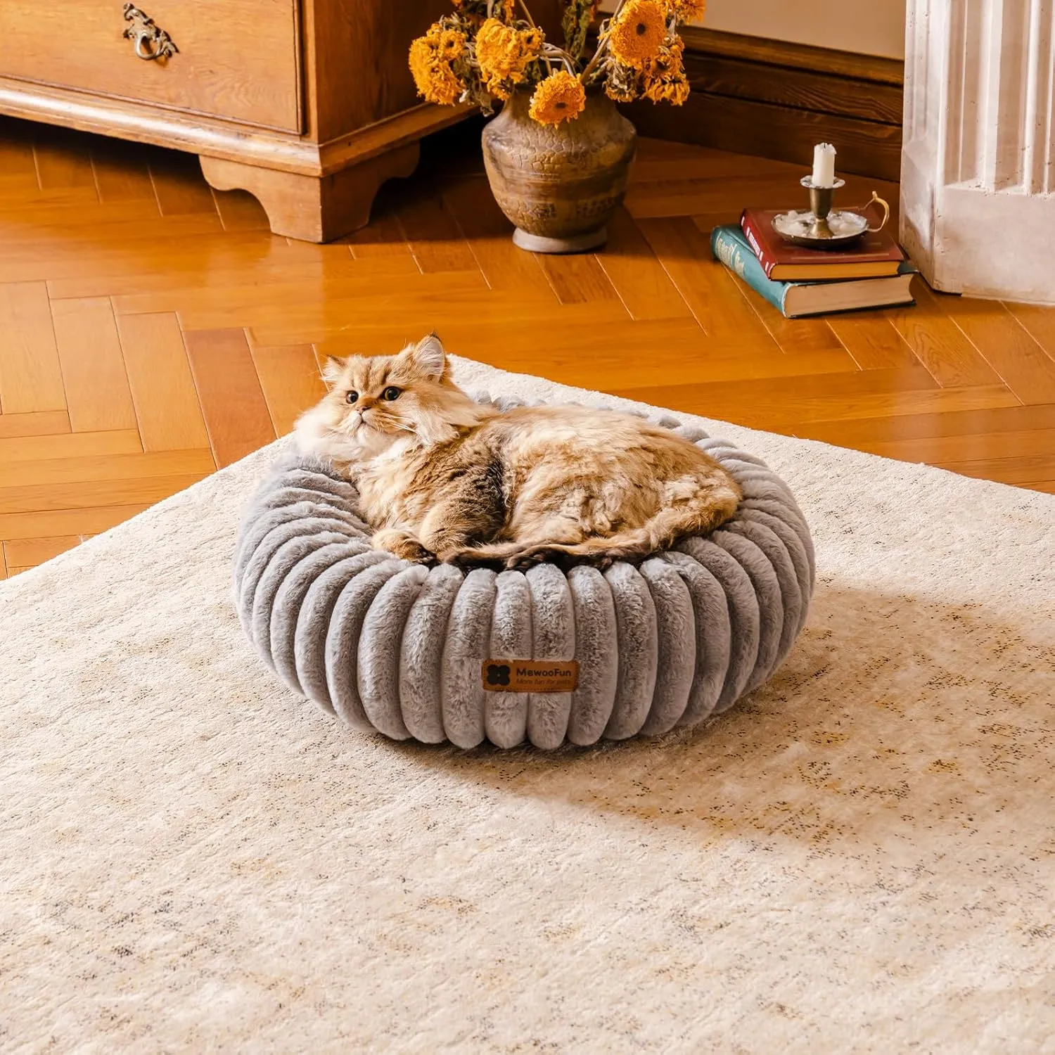 MEWOOFUN Donut Dog Beds for Small Dog, Calming Bed Round Cute Puppy Bed with Non-Slip Bottom, Fluffy Washable Pet Bed for Puppy and Kitten (Grey, S (25x25x7))