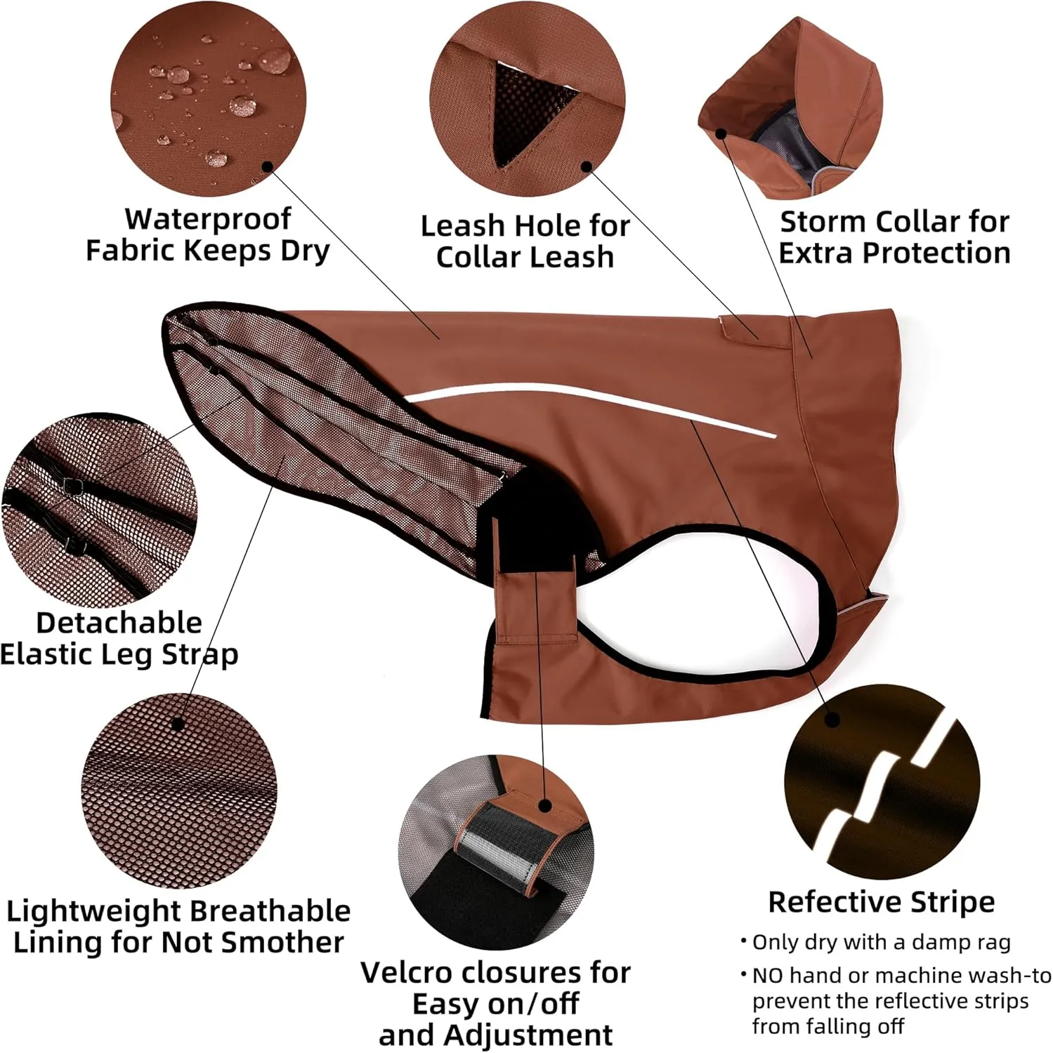 Mile High Life Dog Raincoat, Adjustable Waterproof Reflective Rain Jacket for Small Medium Large Dogs, Lightweight Breathable Pet Rain Coat with Leash Hole(Brown,XS Chest 17-23")