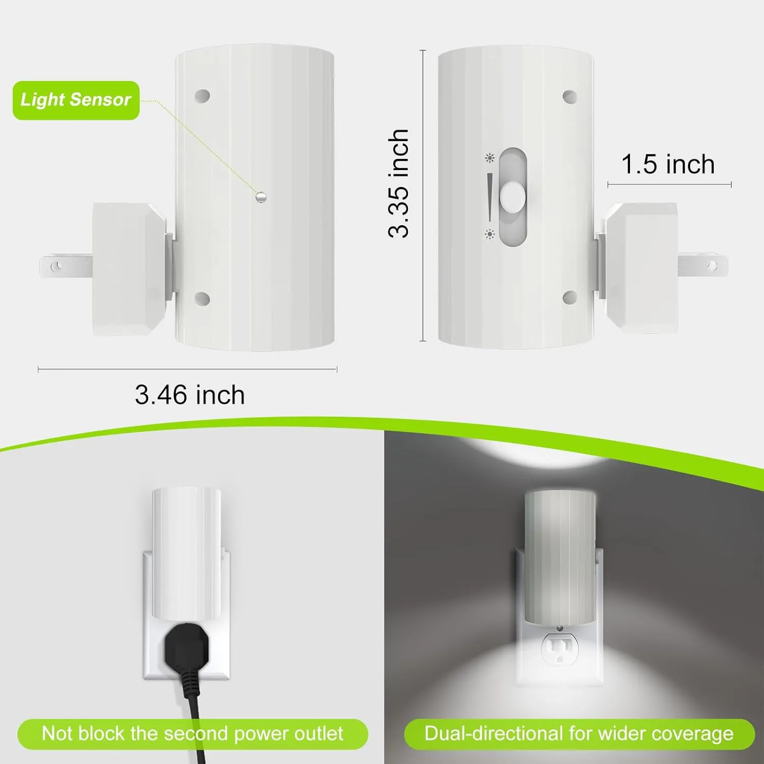 Modern Led Night Lights - Sensor Dusk To Dawn, 5000K Daylight White, Dimmable 0-100 LM, 2 Pack for Bathroom, Bedroom, Kitchen, Toilet, Hallway