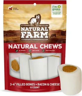 Natural Farm Bacon & Cheese Filled Bones (3-4 Inch, 6 Pack), Limited Ingredient, Natural Stuffed Dental Dog Bone Treats for Dogs, Made with Real Beef