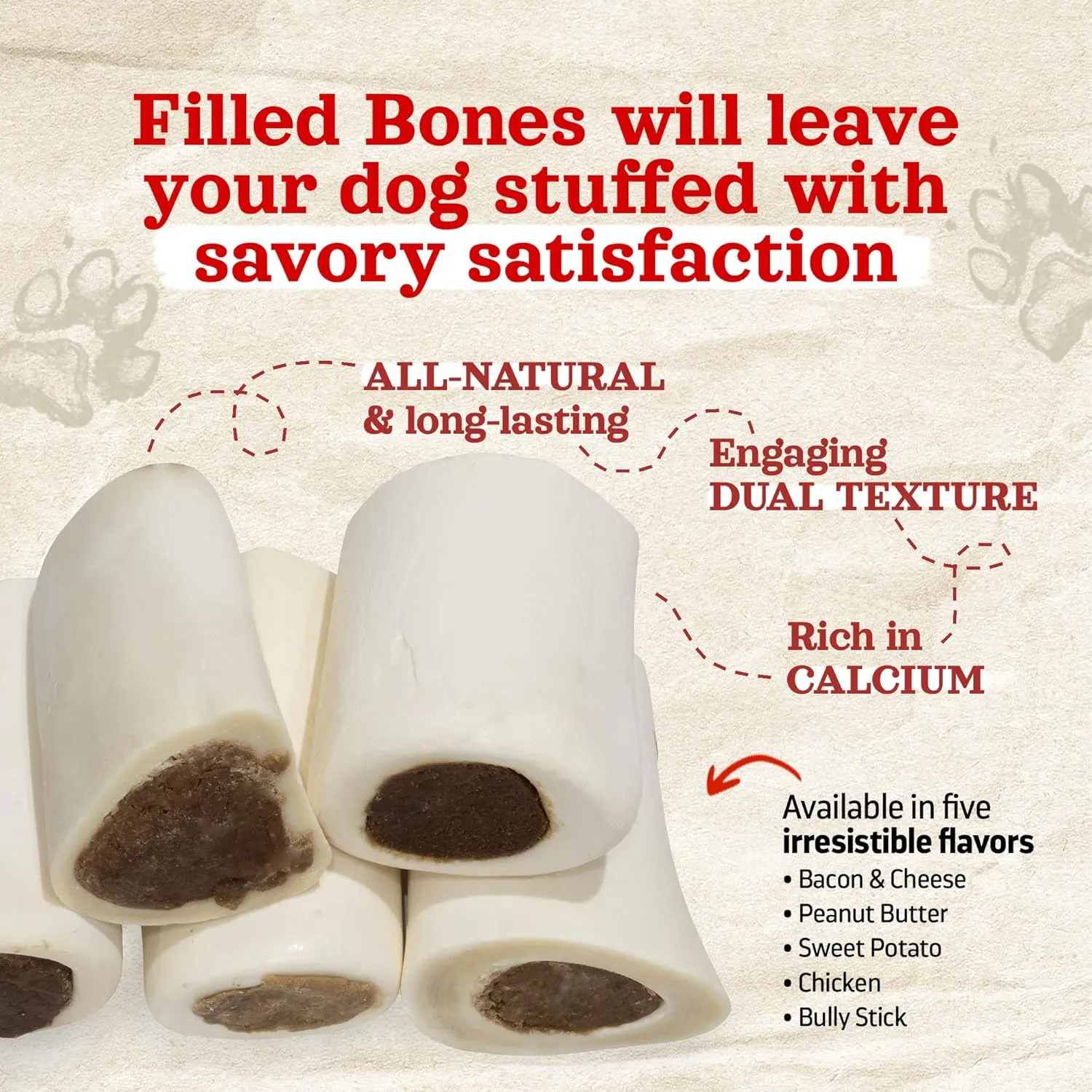 Natural Farm Bacon & Cheese Filled Bones (3-4 Inch, 6 Pack), Limited Ingredient, Natural Stuffed Dental Dog Bone Treats for Dogs, Made with Real Beef