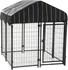 Outdoor Steel Frame Kennel Enclosure w/Black Canopy, Uptown Series, 4'x4'x4.3'