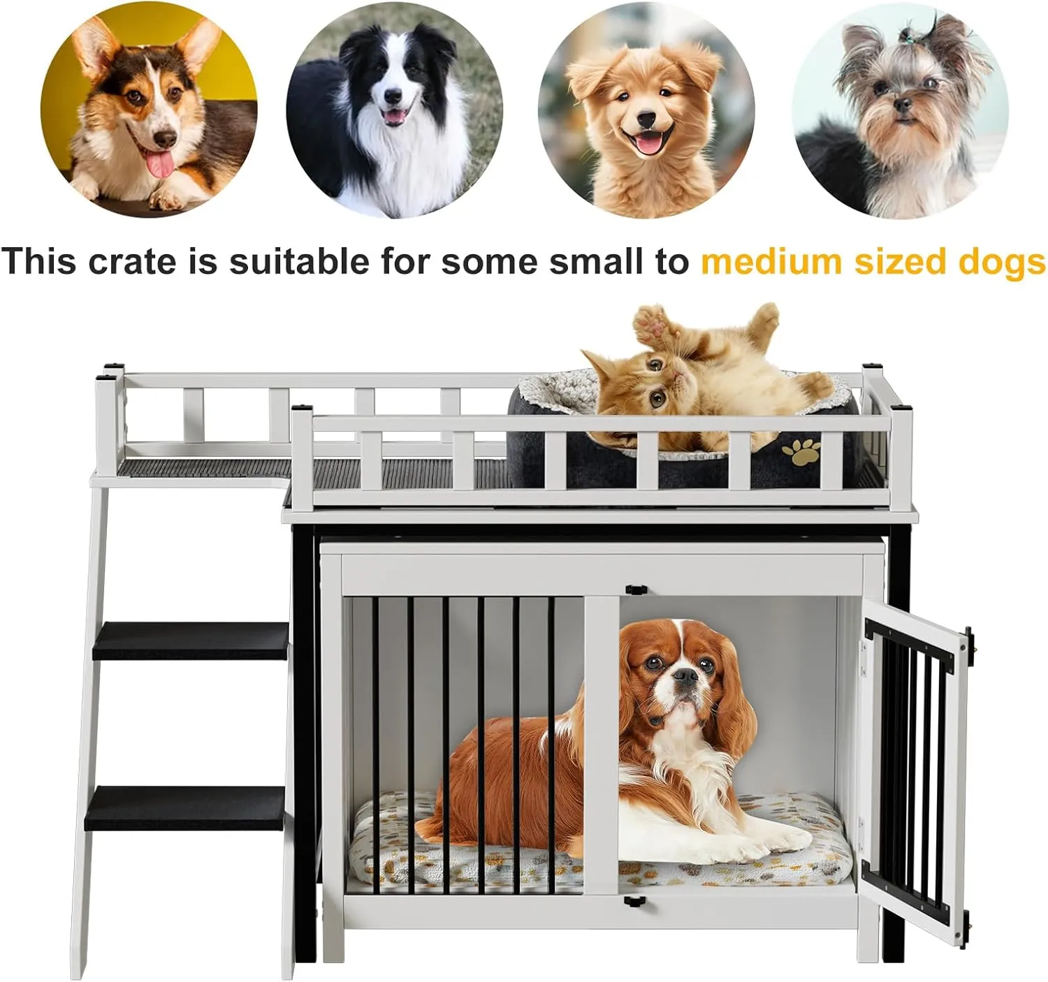 PAKASEPT Dog Crate Furniture, Pet Bunk Bed with Stairs and Storage, Dogs/Cats Window Perch, with Multi-Purpose Blanket and Fluffy Dog Bed for Small Medium Size