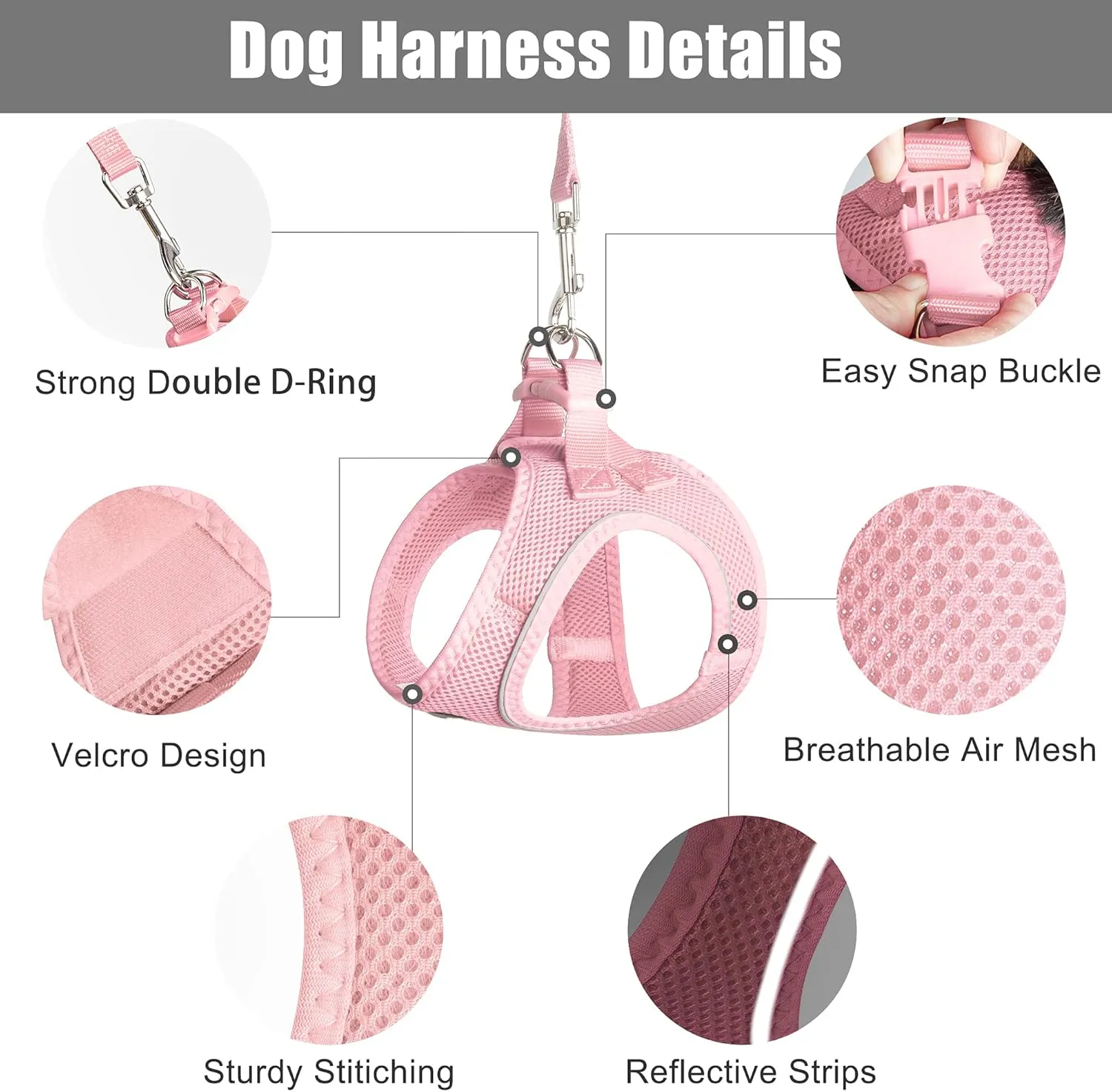 PetiFine Step in Small Dog Harness and Leash Set, Breathable All Weather Air Mesh Reflective Escape Proof, Step-in Vest Harnesses for Puppy(XS, Pink)