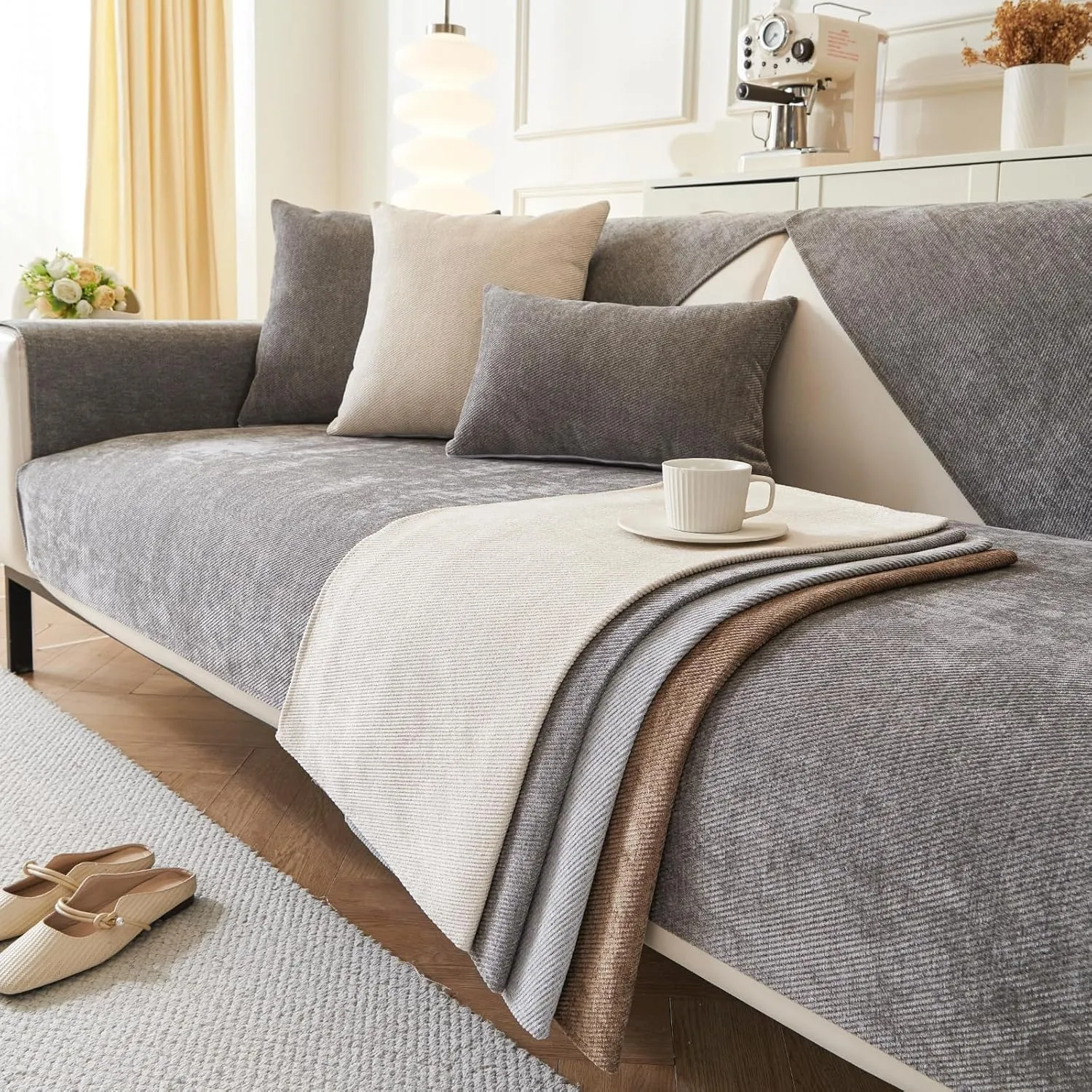 Plush Sofa Cover Washable.Non-Slip Couch Covers, Pet FriendlyCouch Mats, Soft Chenille Sofa Covers forLiving Room(Dark Gray/36"x70"/3-SeaterSofa Cover)