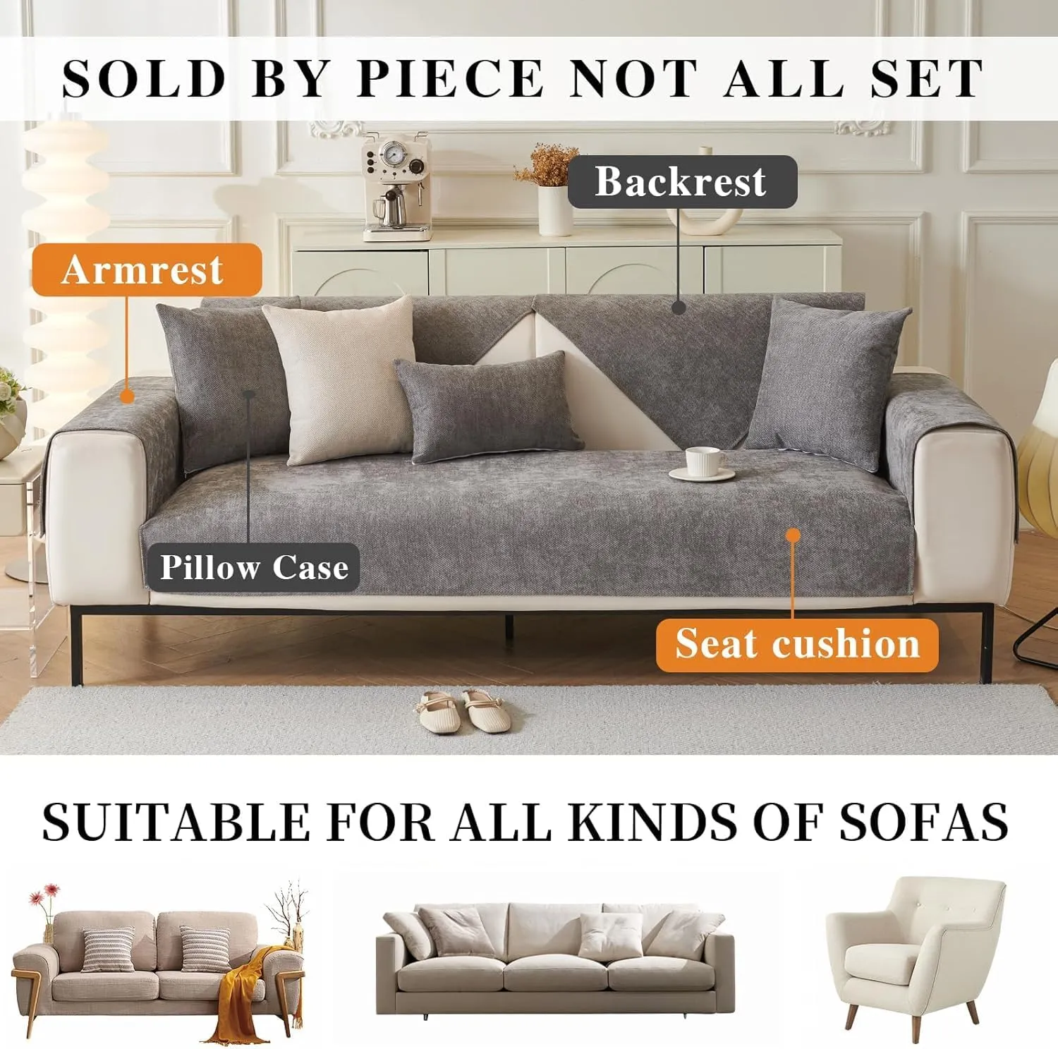 Plush Sofa Cover Washable.Non-Slip Couch Covers, Pet FriendlyCouch Mats, Soft Chenille Sofa Covers forLiving Room(Dark Gray/36"x70"/3-SeaterSofa Cover)