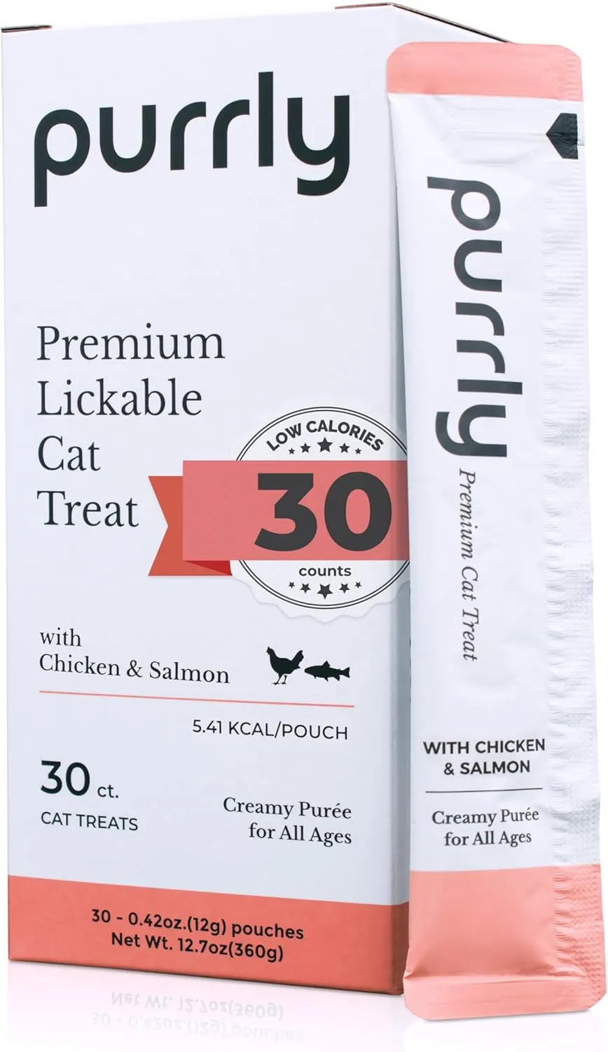 Purrly Hydrating Wet Cat Treat Snack Topper Creamy Pure Human-Grade Chicken Breast & Salmon with Omega-3 & 6 for Skin & Coat (30 Count) Healthy Lickable Squeeze Soft Snack