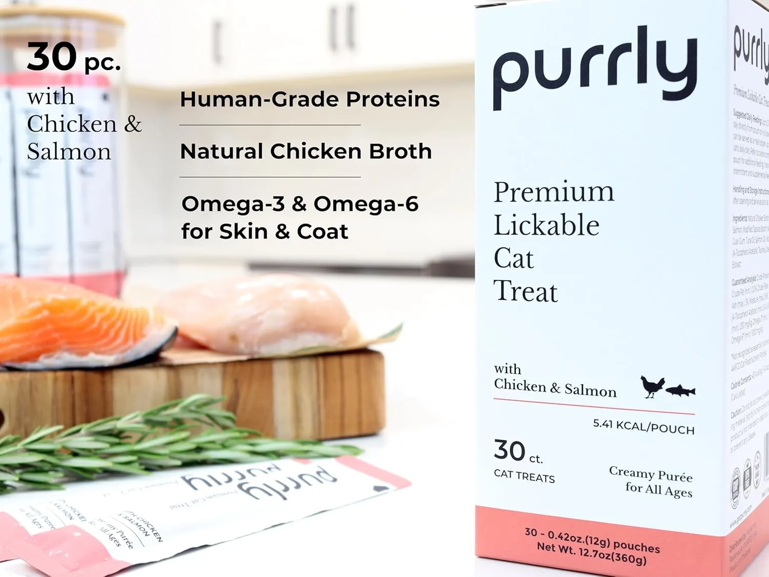 Purrly Hydrating Wet Cat Treat Snack Topper Creamy Pure Human-Grade Chicken Breast & Salmon with Omega-3 & 6 for Skin & Coat (30 Count) Healthy Lickable Squeeze Soft Snack