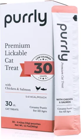 Purrly Hydrating Wet Cat Treat Snack Topper Creamy Pure Human-Grade Chicken Breast & Salmon with Omega-3 & 6 for Skin & Coat (30 Count) Healthy Lickable Squeeze Soft Snack