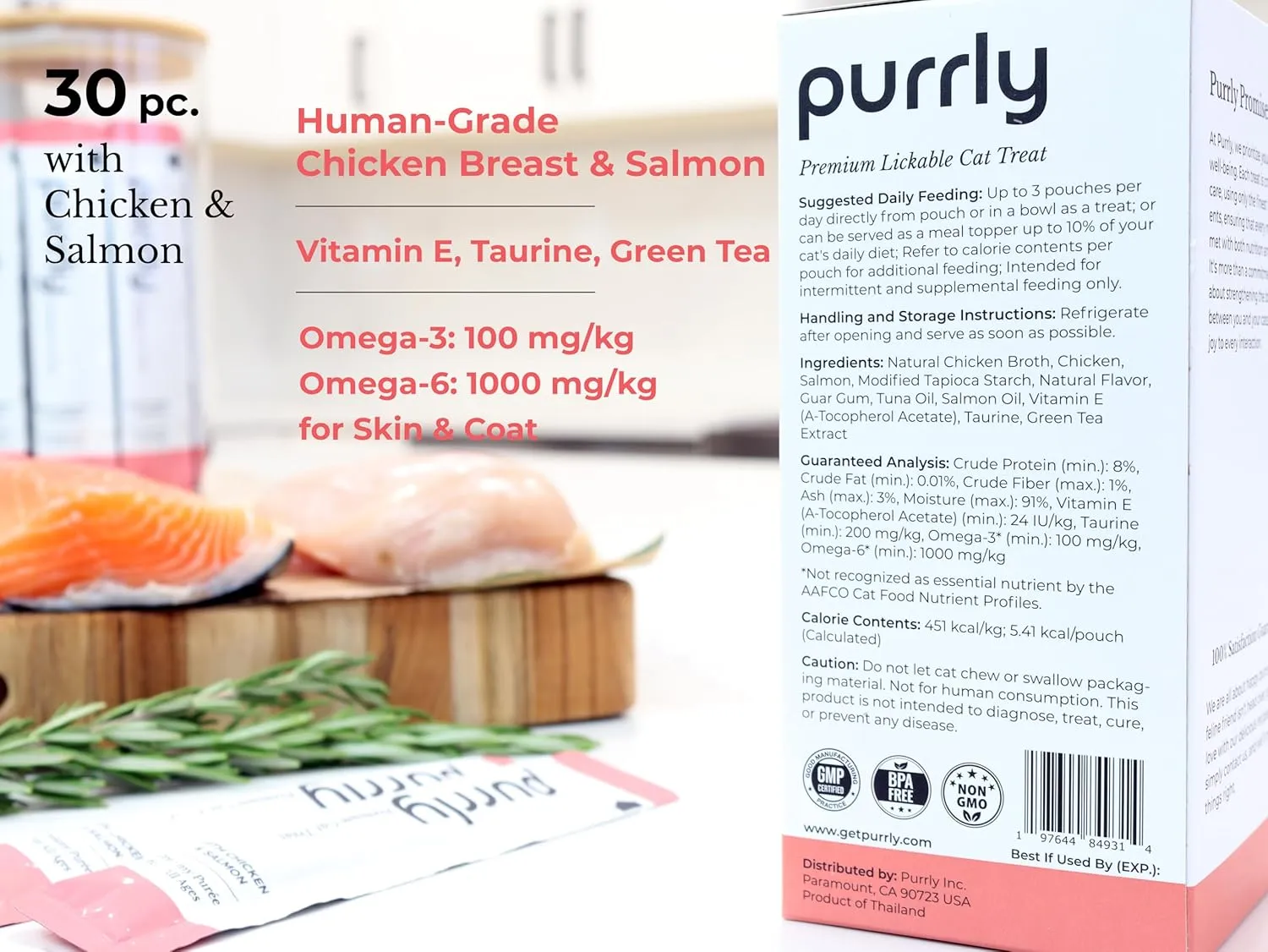 Purrly Hydrating Wet Cat Treat Snack Topper Creamy Pure Human-Grade Chicken Breast & Salmon with Omega-3 & 6 for Skin & Coat (30 Count) Healthy Lickable Squeeze Soft Snack