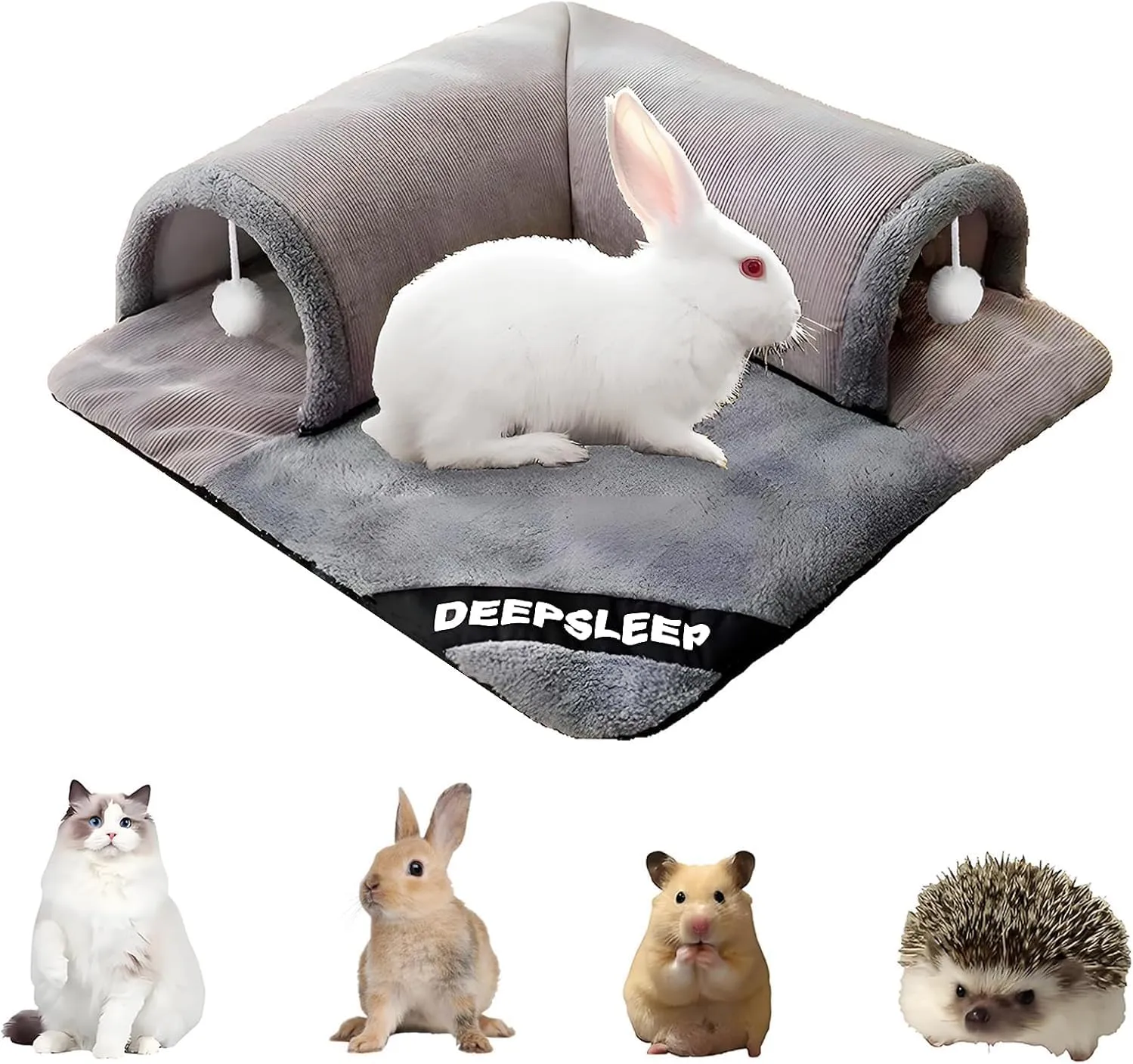 Rabbit Tunnel Bed Plush, Bunny Tunnel Tube with Removable Mat, Hideout Toys for Guinea Pig, Rabbit, Bunny, Chinchilla, Cat, Grey (Large)