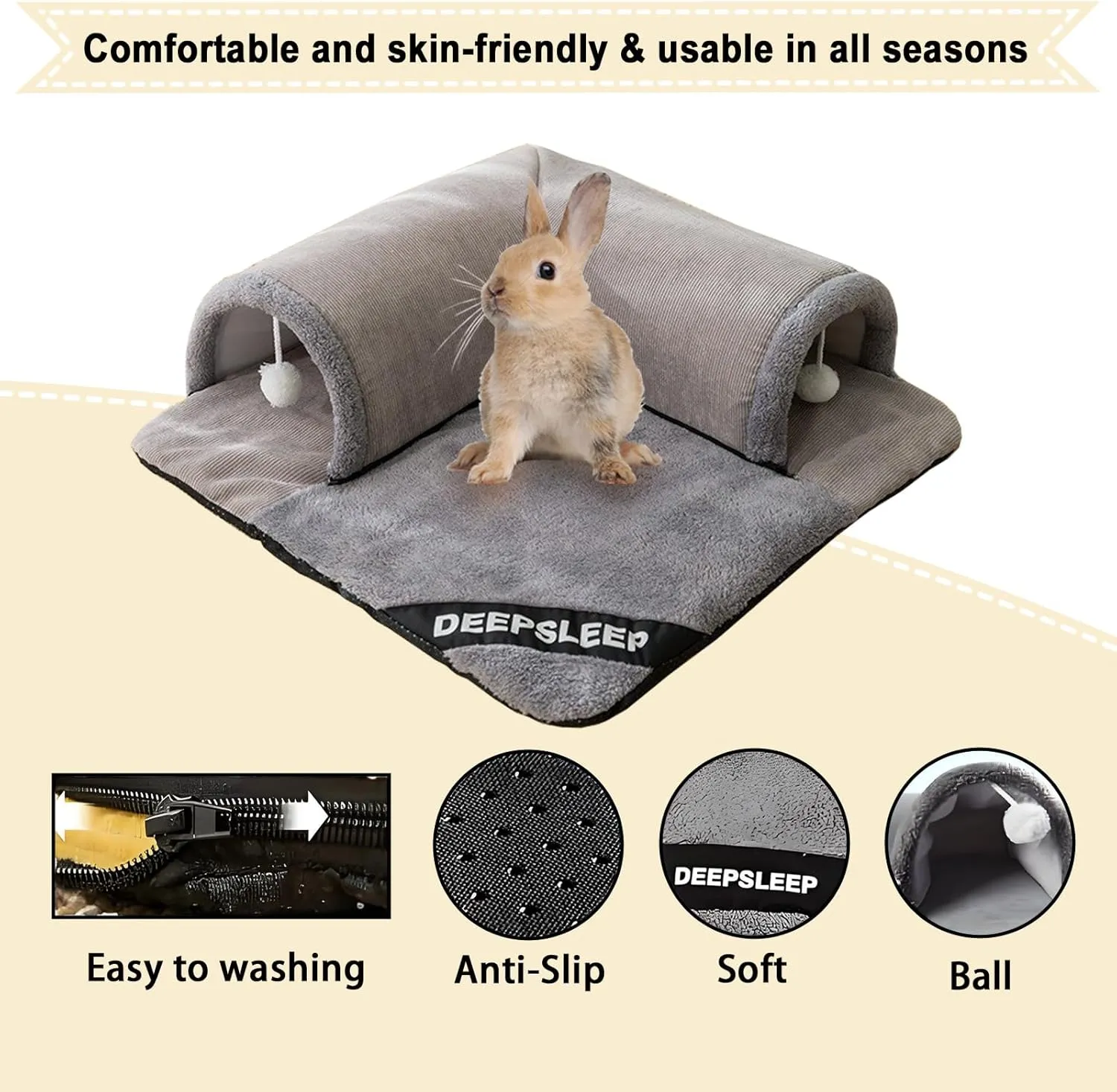 Rabbit Tunnel Bed Plush, Bunny Tunnel Tube with Removable Mat, Hideout Toys for Guinea Pig, Rabbit, Bunny, Chinchilla, Cat, Grey (Large)