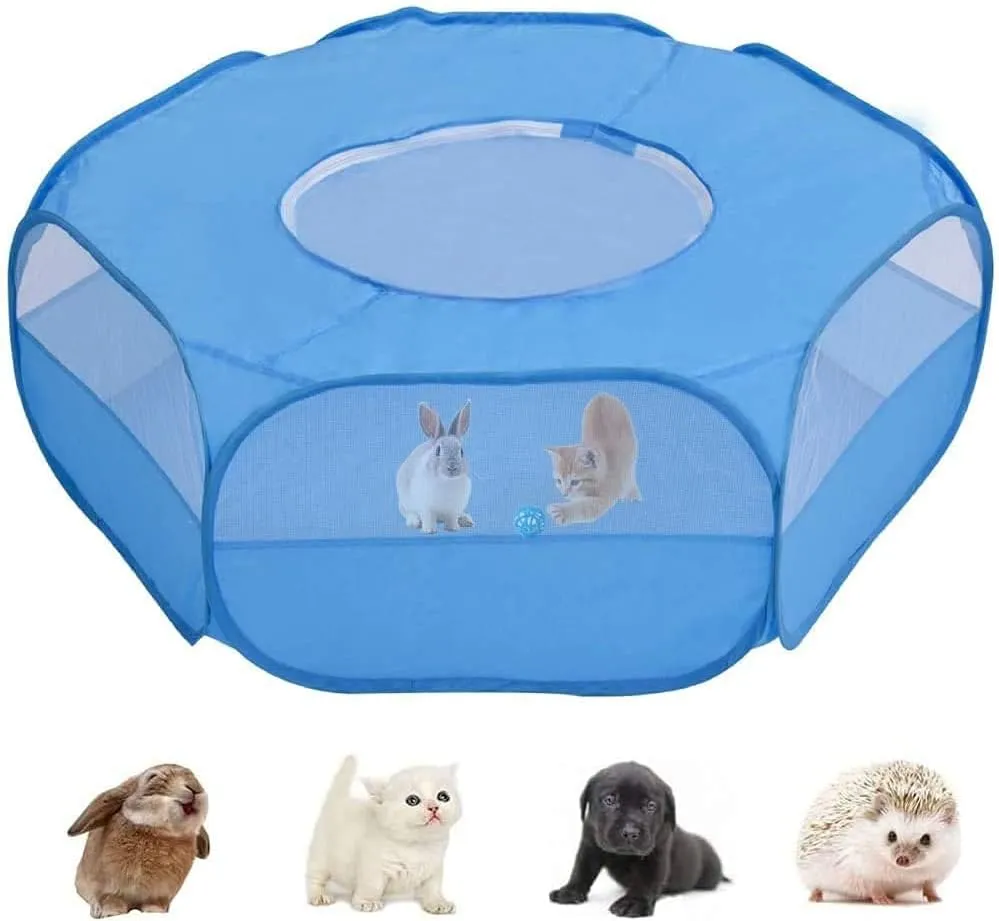 Small Animal Playpen, Pet Cage with Top Cover Anti Escape, Waterproof Small Animal Cage Transparent Yard Fence for Dog Cat Bunny Puppy Rabbits Guinea Pig Hamster Chinchillas Playpen (New Blue)