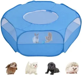 Small Animal Playpen, Pet Cage with Top Cover Anti Escape, Waterproof Small Animal Cage Transparent Yard Fence for Dog Cat Bunny Puppy Rabbits Guinea Pig Hamster Chinchillas Playpen (New Blue)