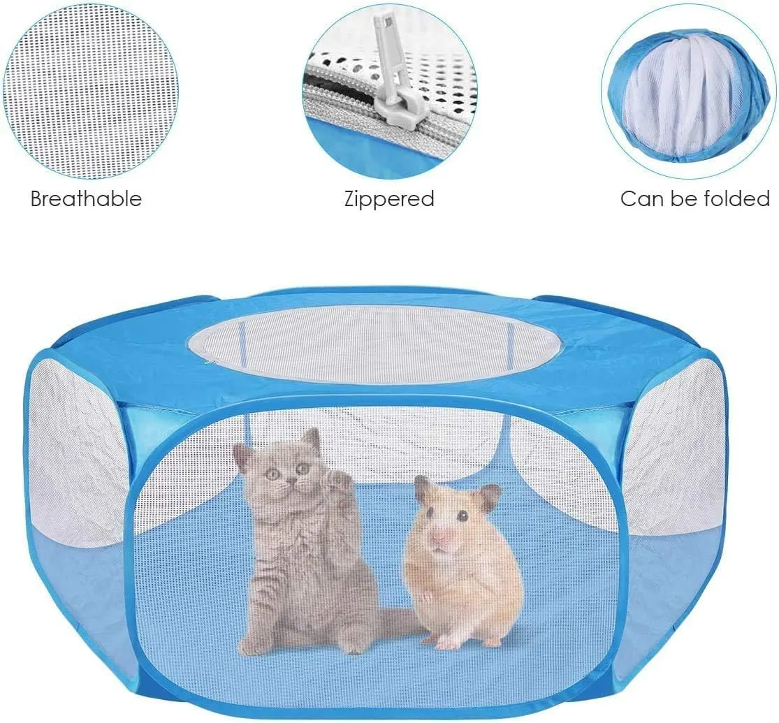 Small Animal Playpen, Pet Cage with Top Cover Anti Escape, Waterproof Small Animal Cage Transparent Yard Fence for Dog Cat Bunny Puppy Rabbits Guinea Pig Hamster Chinchillas Playpen (New Blue)