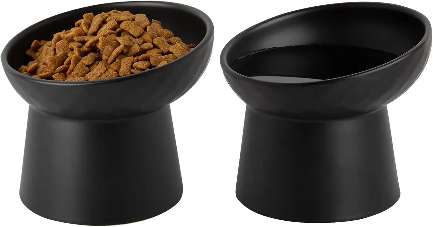 Small Ceramic Raised Cat Bowls, Tilted Elevated Food or Water Bowls, Stress Free, Backflow Prevention, Dishwasher and Microwave Safe, Lead & Cadmium Free(Black)