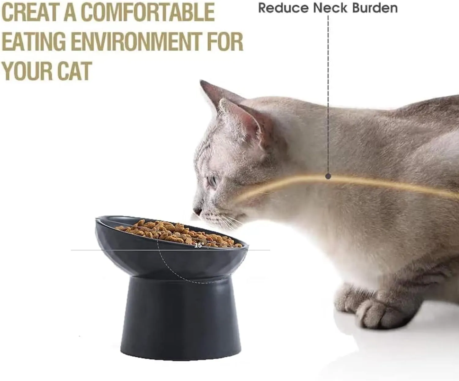 Small Ceramic Raised Cat Bowls, Tilted Elevated Food or Water Bowls, Stress Free, Backflow Prevention, Dishwasher and Microwave Safe, Lead & Cadmium Free(Black)