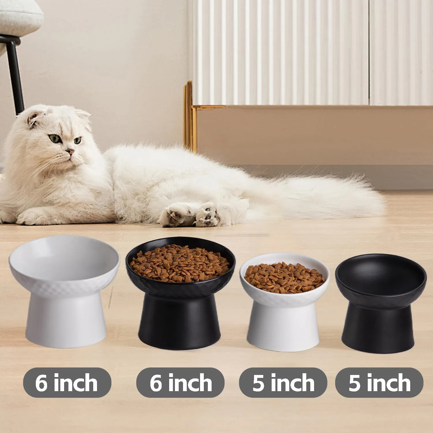 Small Ceramic Raised Cat Bowls, Tilted Elevated Food or Water Bowls, Stress Free, Backflow Prevention, Dishwasher and Microwave Safe, Lead & Cadmium Free(Black)