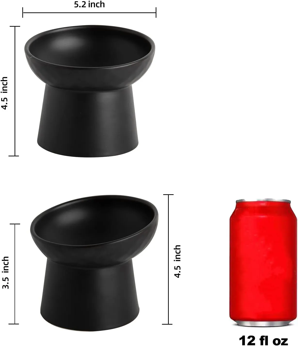 Small Ceramic Raised Cat Bowls, Tilted Elevated Food or Water Bowls, Stress Free, Backflow Prevention, Dishwasher and Microwave Safe, Lead & Cadmium Free(Black)
