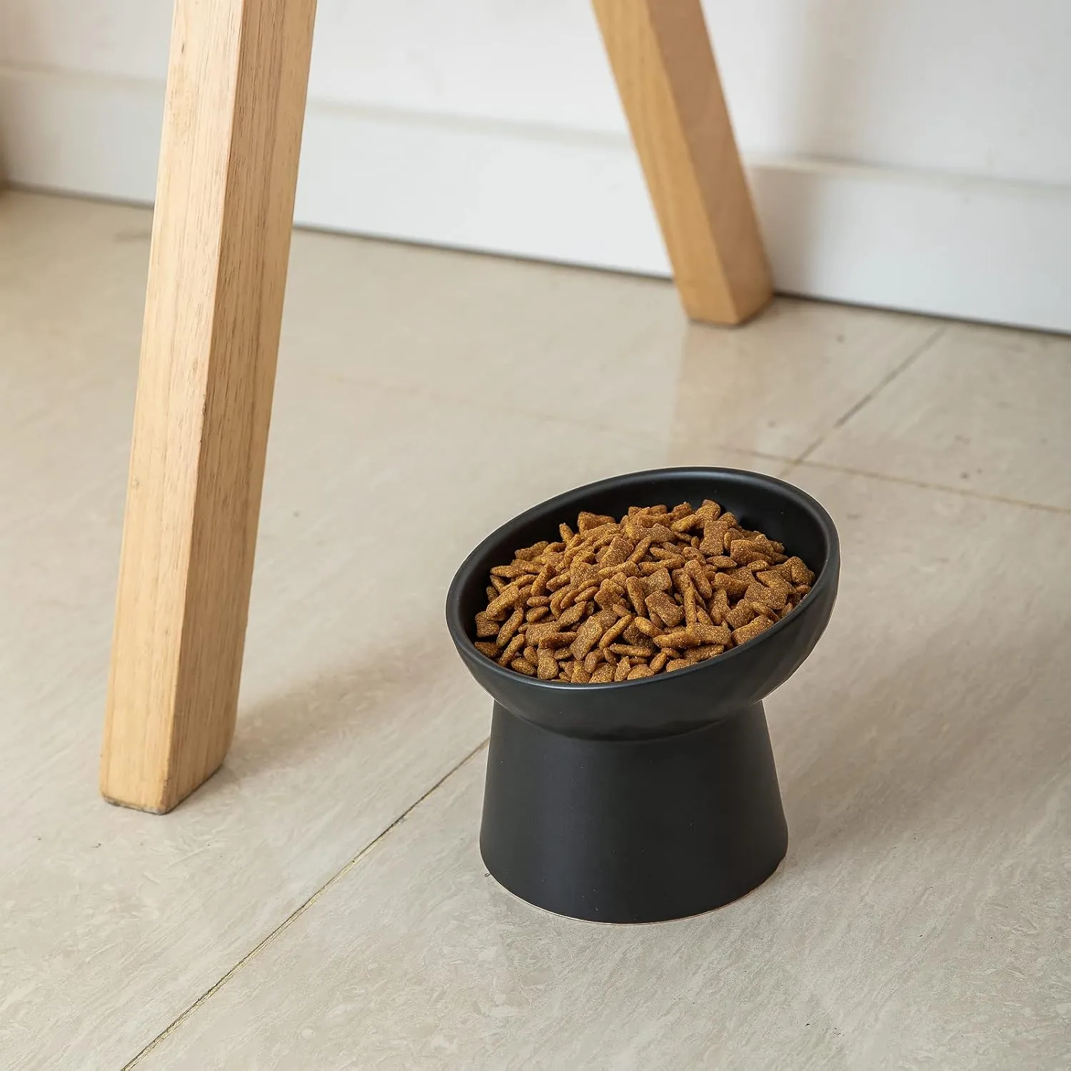 Small Ceramic Raised Cat Bowls, Tilted Elevated Food or Water Bowls, Stress Free, Backflow Prevention, Dishwasher and Microwave Safe, Lead & Cadmium Free(Black)