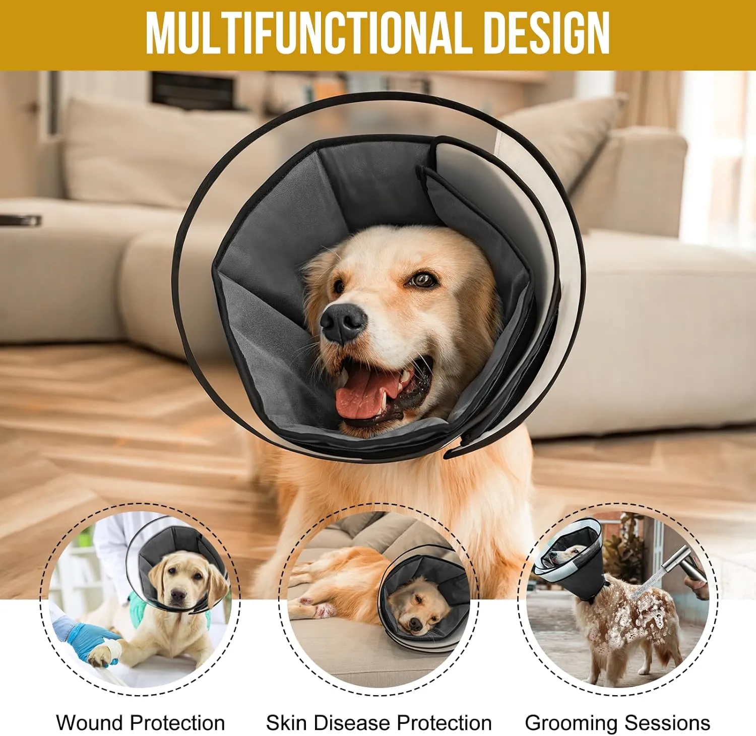 Soft Dog Cone for Dogs After Surgery, Breathable Pet Recovery Collar for Large Medium Small Dogs and Cats, Adjustable Dog Cone Collar, Elizabethan Collar (Black, M(Neck 14.3-17))