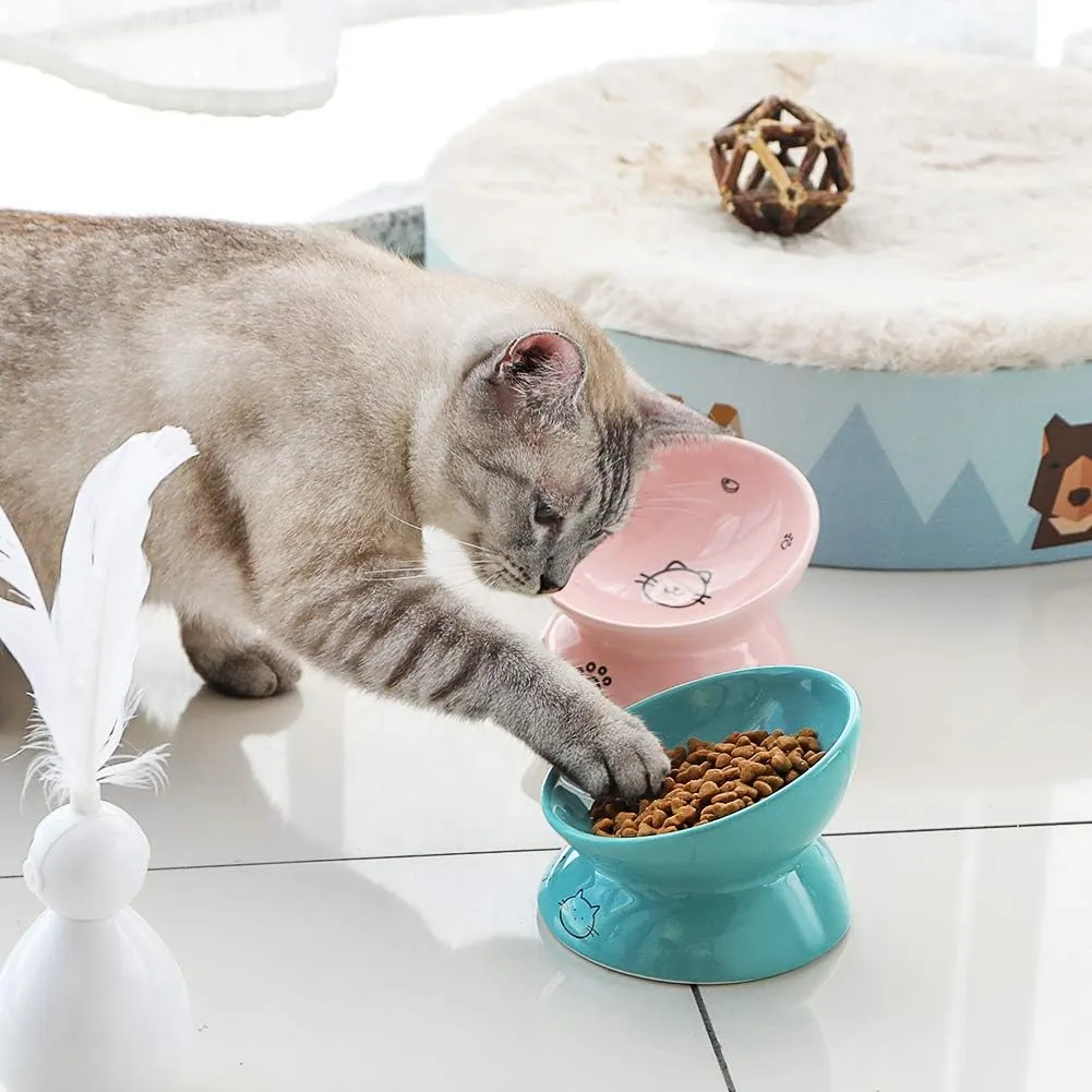 Sweejar Ceramic Raised Cat Bowls, Slanted Cat Dish Food or Water Bowls, Elevated Porcelain Pet Feeder Bowl Protect Cat's Spine, Stress Free, Backflow Prevention (Turquoise)