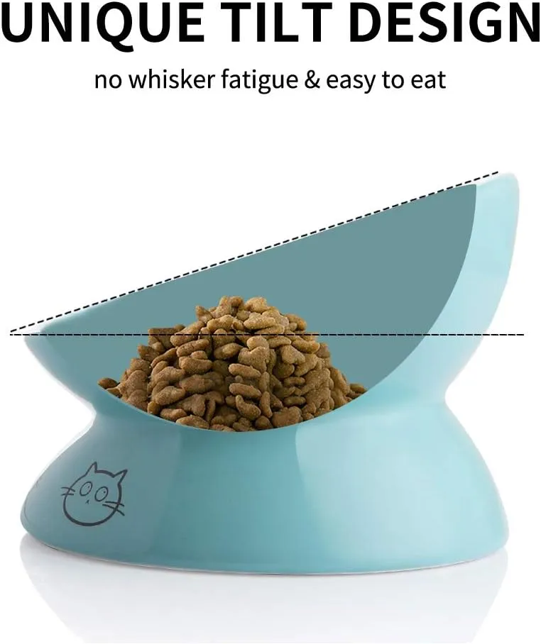Sweejar Ceramic Raised Cat Bowls, Slanted Cat Dish Food or Water Bowls, Elevated Porcelain Pet Feeder Bowl Protect Cat's Spine, Stress Free, Backflow Prevention (Turquoise)