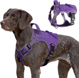 Tactical Dog Harness for Large Dogs, Heavy Duty No Pull Military Service Vest with Control Handle & 4 Patches, Adjustable Reflective Soft Padded Pet Harness for Training Walking Hiking (Purple, M)