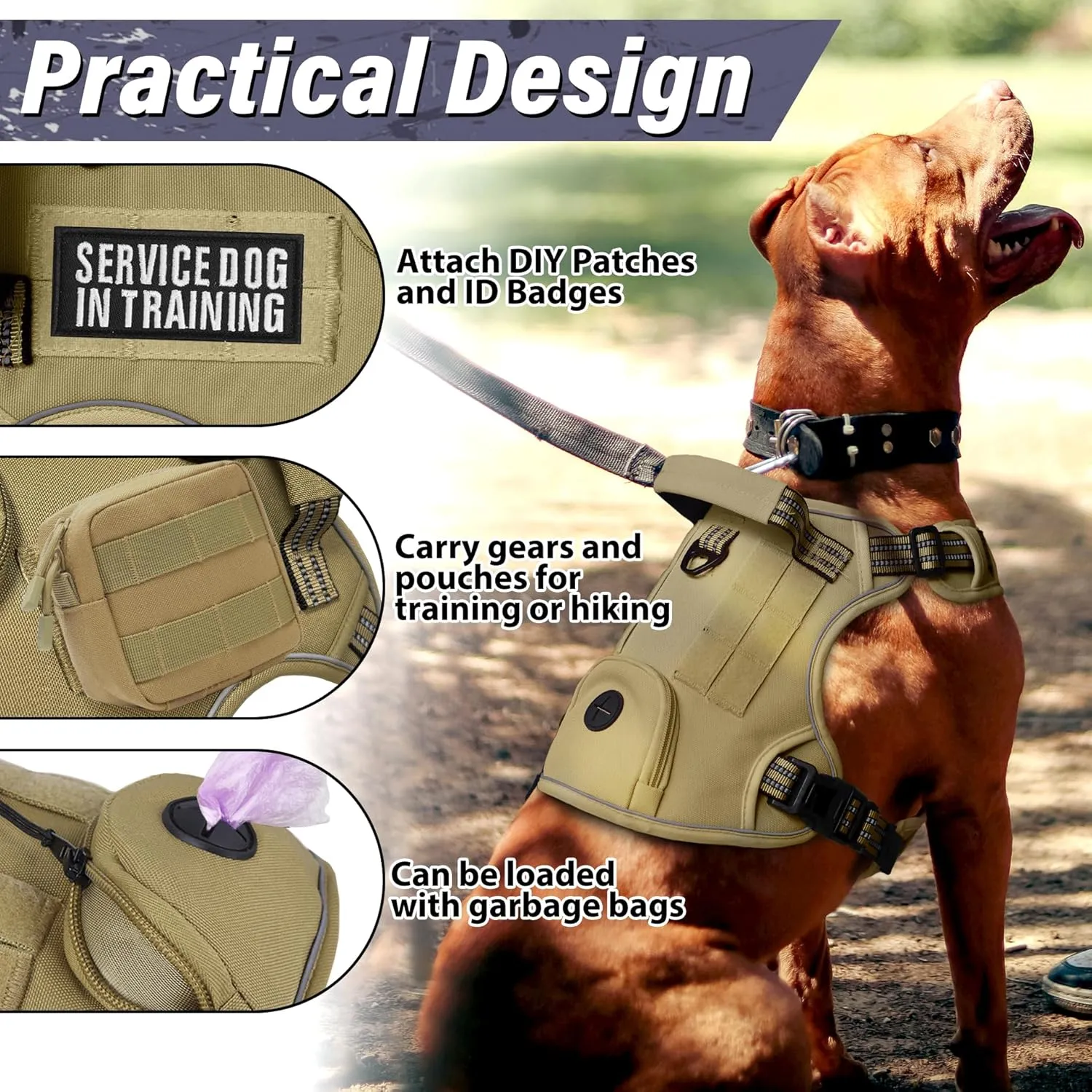 Tactical Dog Harness for Large Dogs, Heavy Duty No Pull Military Service Vest with Control Handle & 4 Patches, Adjustable Reflective Soft Padded Pet Harness for Training Walking Hiking (Purple, M)