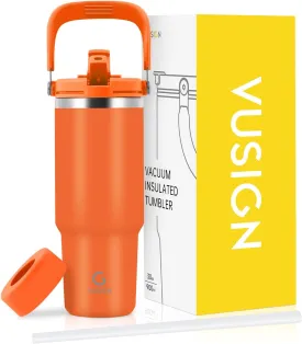 VUSIGN 30 oz Tumbler with Handle and Flip Straw, Stainless Steel Vacuum Insulated Water Bottle Travel Mug Thermal Cup for Home, Office, Car, Outdoors, Sports, Orange