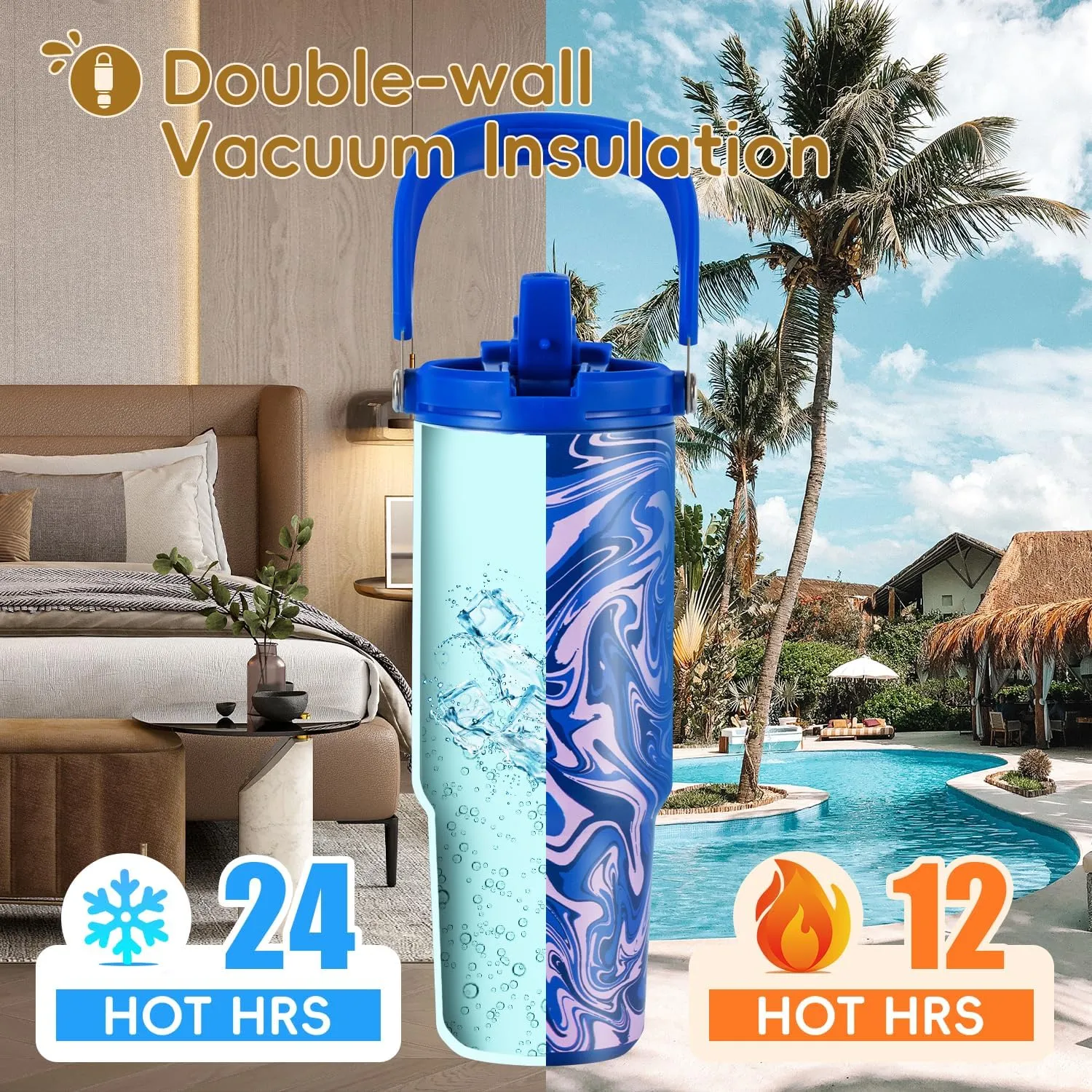 VUSIGN 30 oz Tumbler with Handle and Flip Straw, Stainless Steel Vacuum Insulated Water Bottle Travel Mug Thermal Cup for Home, Office, Car, Outdoors, Sports, Pool Swirl