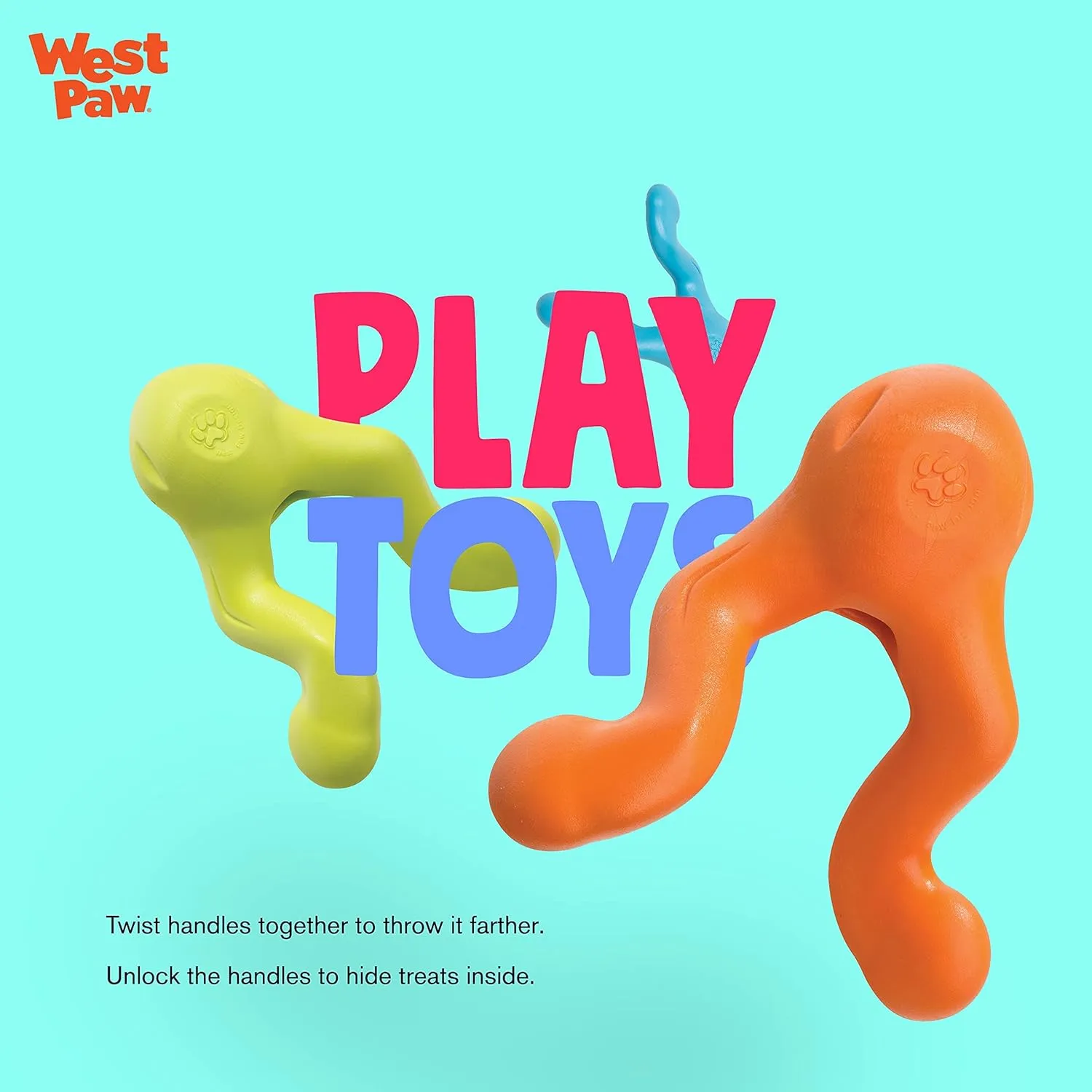 WEST PAW Zogoflex Tizzi Treat Dispensing Dog Toy  Interactive Play Toy for Dogs, Puppies  Floatable, High-Flying Dog Toys for Fetch, Catch, Tug of War, Recyclable, Dishwasher Safe, Small, Aqua Blue
