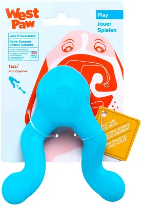 WEST PAW Zogoflex Tizzi Treat Dispensing Dog Toy  Interactive Play Toy for Dogs, Puppies  Floatable, High-Flying Dog Toys for Fetch, Catch, Tug of War, Recyclable, Dishwasher Safe, Small, Aqua Blue