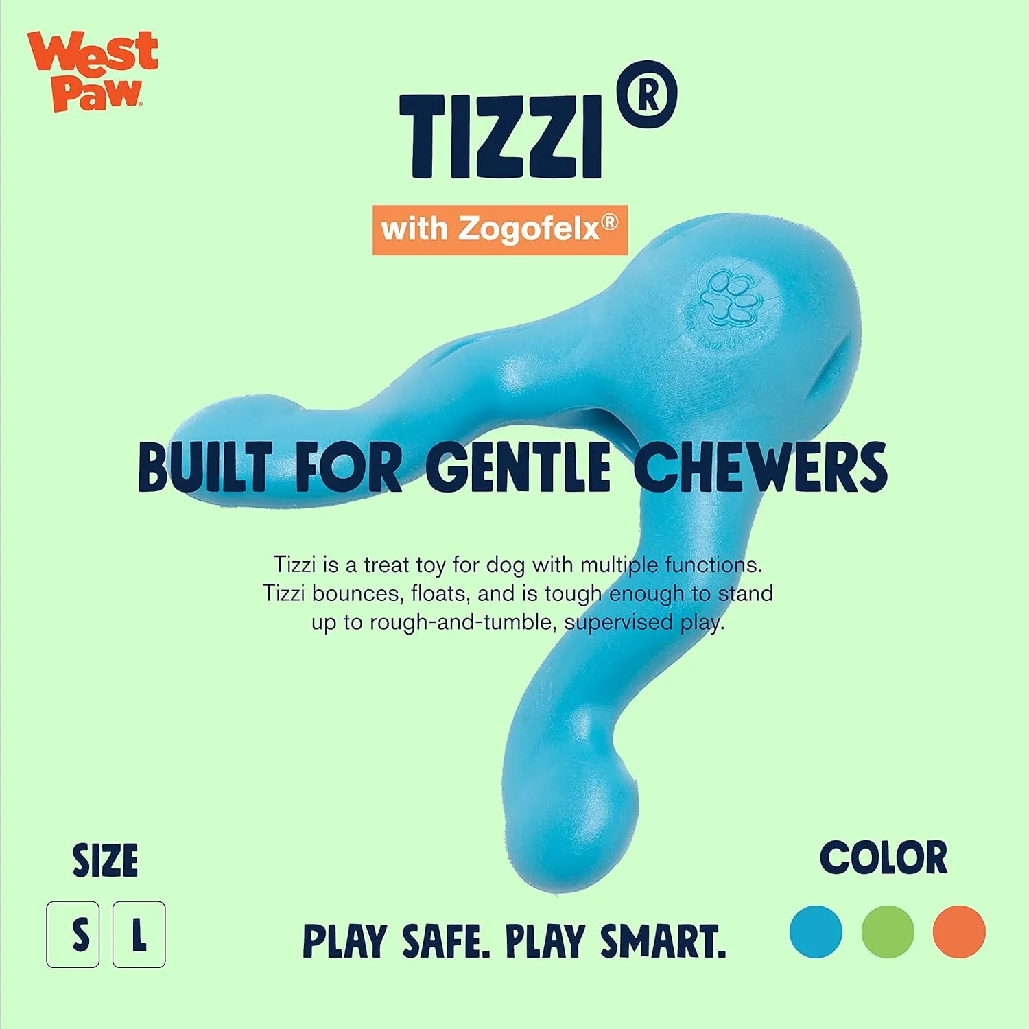 WEST PAW Zogoflex Tizzi Treat Dispensing Dog Toy  Interactive Play Toy for Dogs, Puppies  Floatable, High-Flying Dog Toys for Fetch, Catch, Tug of War, Recyclable, Dishwasher Safe, Small, Aqua Blue