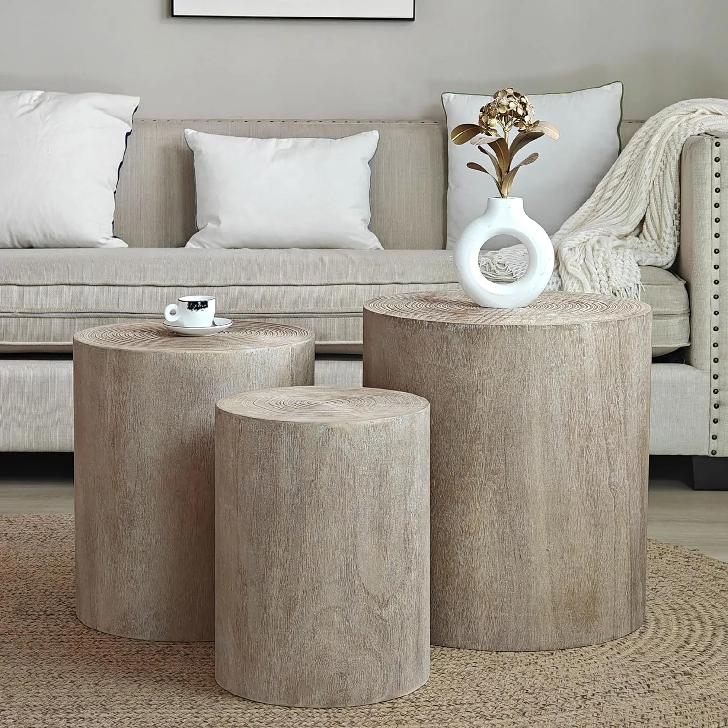 WILLIAMSPACE Round Nesting Coffee Table Set of 3, Modern Wood Coffee Tables Accent Circle Side Table for Living Room, Farmhouse, No Assembly, 18.3"   15.2"   12.2" (Natural Wood Wash)