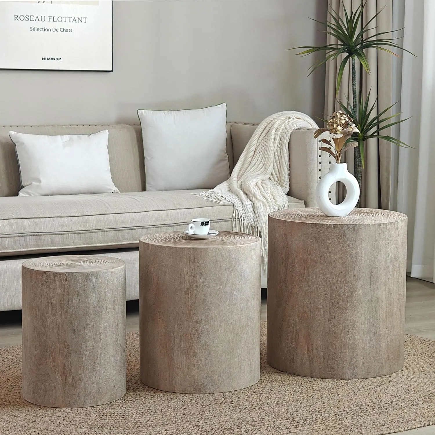 WILLIAMSPACE Round Nesting Coffee Table Set of 3, Modern Wood Coffee Tables Accent Circle Side Table for Living Room, Farmhouse, No Assembly, 18.3"   15.2"   12.2" (Natural Wood Wash)