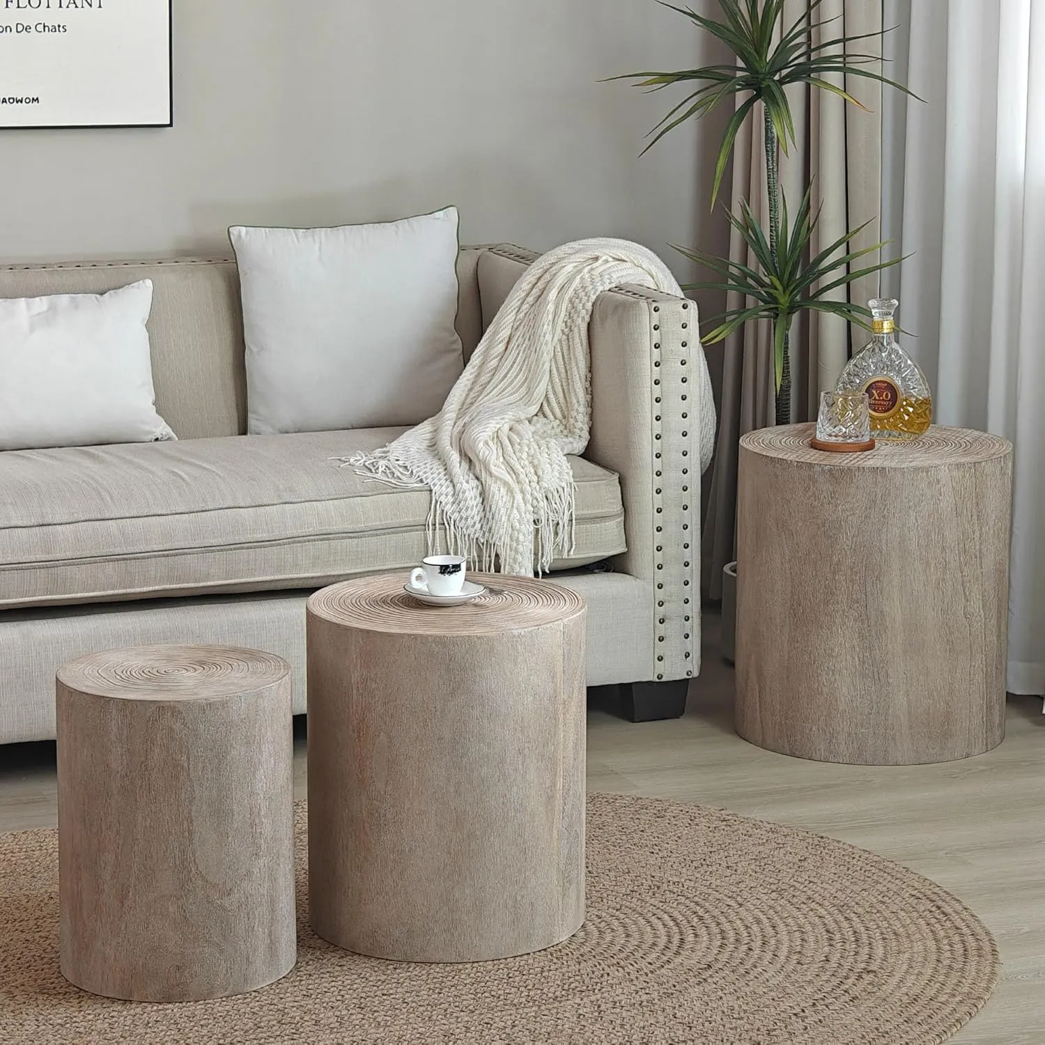 WILLIAMSPACE Round Nesting Coffee Table Set of 3, Modern Wood Coffee Tables Accent Circle Side Table for Living Room, Farmhouse, No Assembly, 18.3"   15.2"   12.2" (Natural Wood Wash)