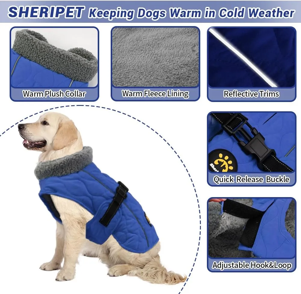 Winter Dog Coats, Warm Fleece Dog Winter Coat for Small, Medium and Large Dogs Adjustable Dog Jacket Winter with Nylon Buckle, Reflective Safety Winter Coats for Dogs,Dark Blue M