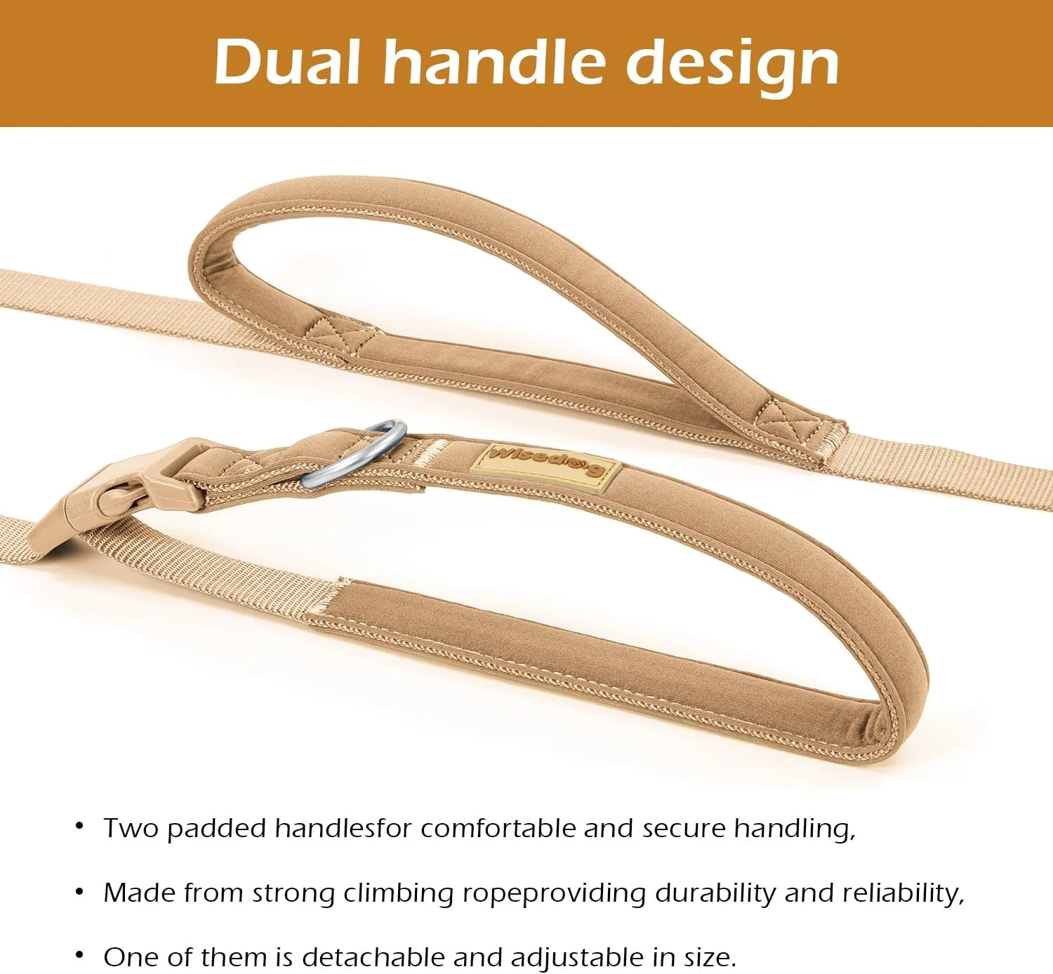 Wisedog 16 FT Hands Free Dog Leash, Comfort and Safety Padded Handle & Heavy Duty Metal Clasp - Two Handle Dog Leash Adjustable Lengths for Handless Walking Training Running with Crossbody, Sand Color