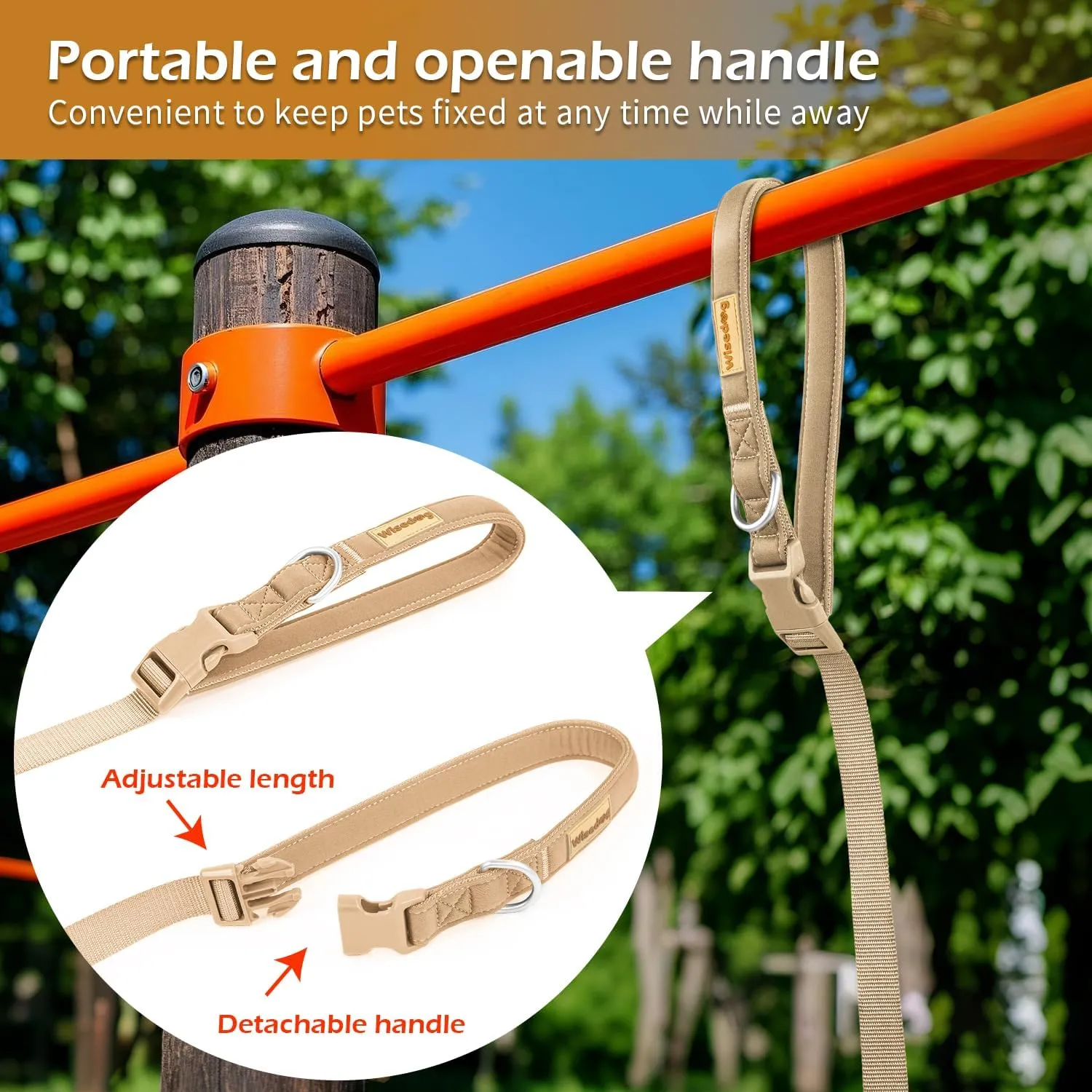 Wisedog 16 FT Hands Free Dog Leash, Comfort and Safety Padded Handle & Heavy Duty Metal Clasp - Two Handle Dog Leash Adjustable Lengths for Handless Walking Training Running with Crossbody, Sand Color